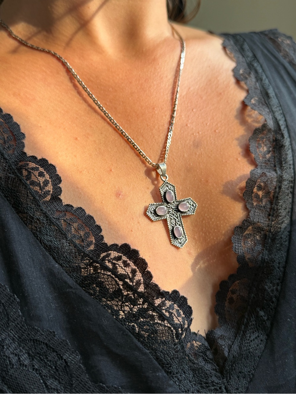 Sterling Silver Cross Necklace with Chalcedony